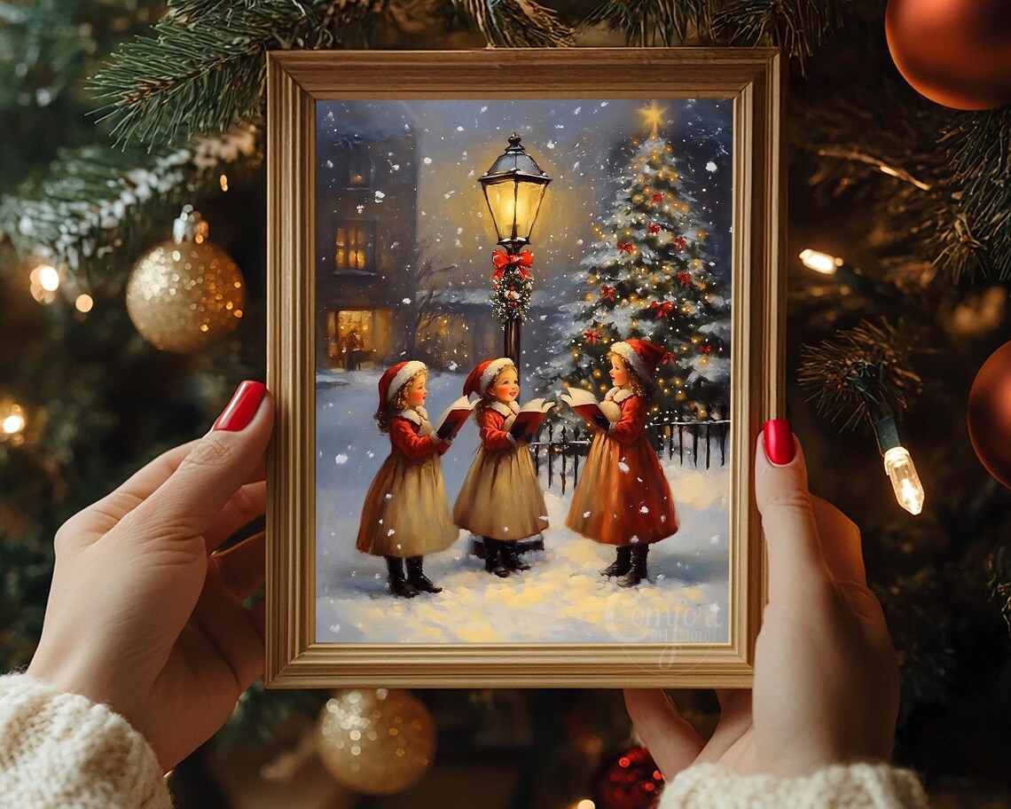 Little Girls Caroling Snowy Christmas Tree Vintage Oil Painting Poster - Image 4