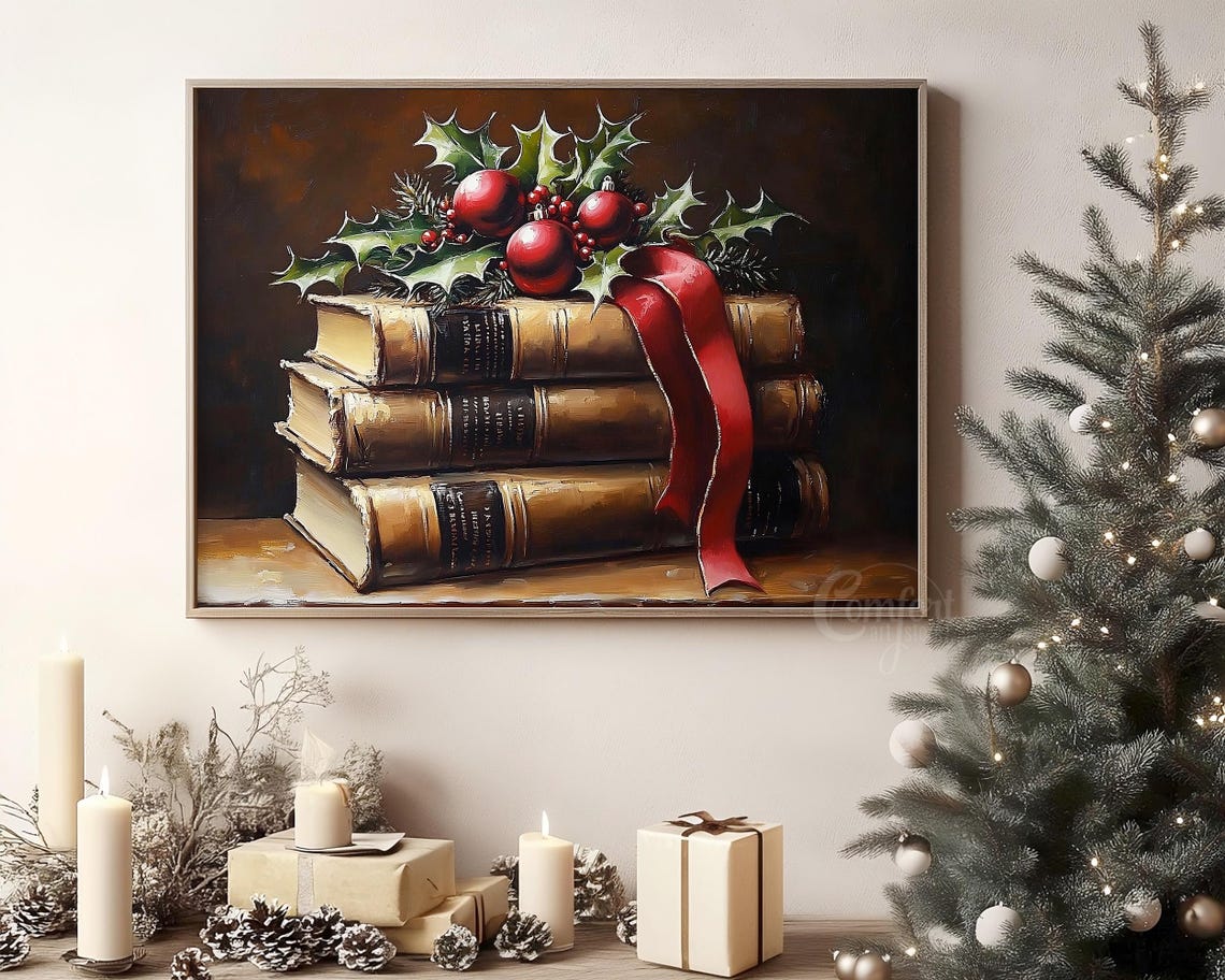 Elegant Stack of Vintage Books with Holly and Red Ornaments Poster - Image 8