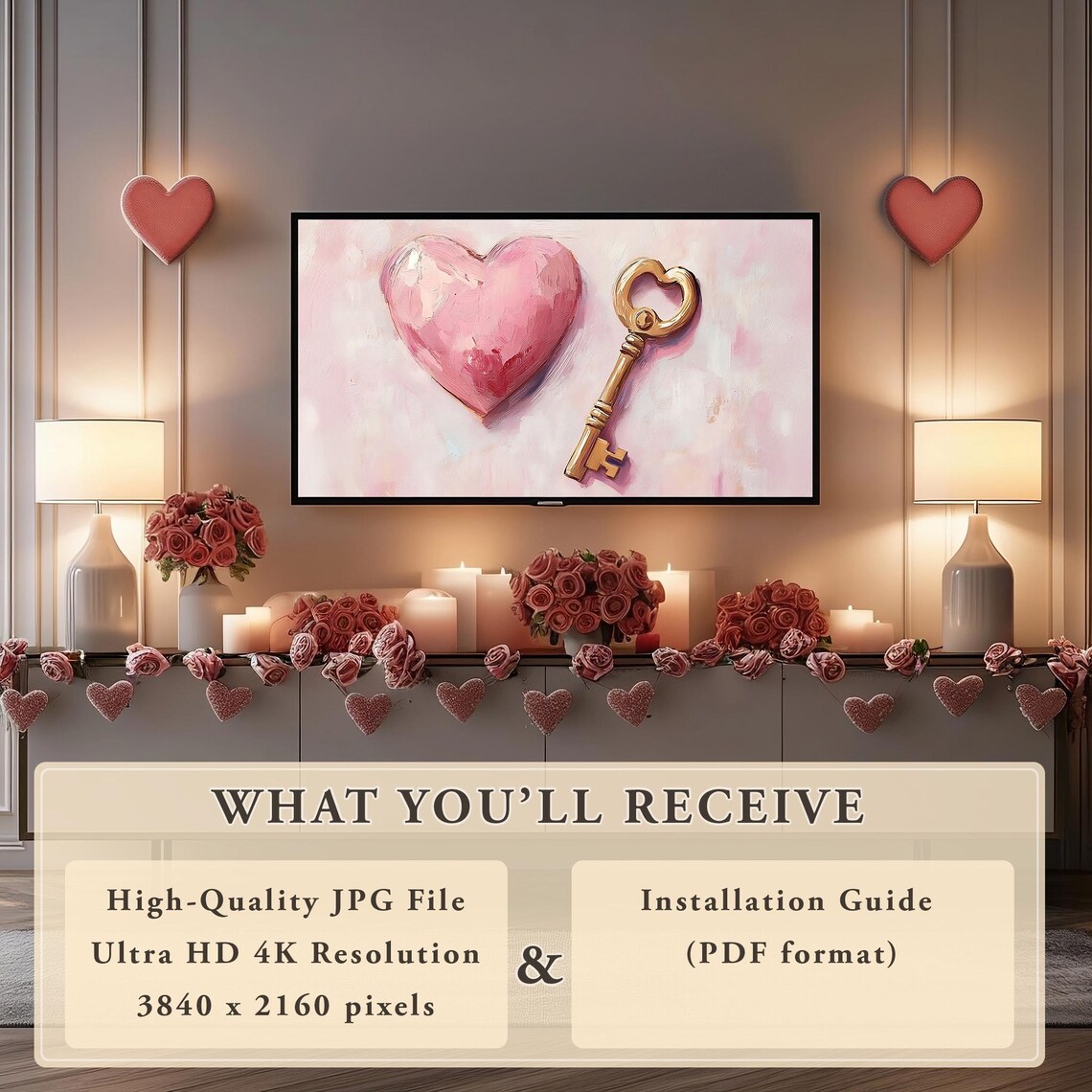 Pink Heart Antique Gold Key Oil Painting Romantic Decor Poster - Image 6