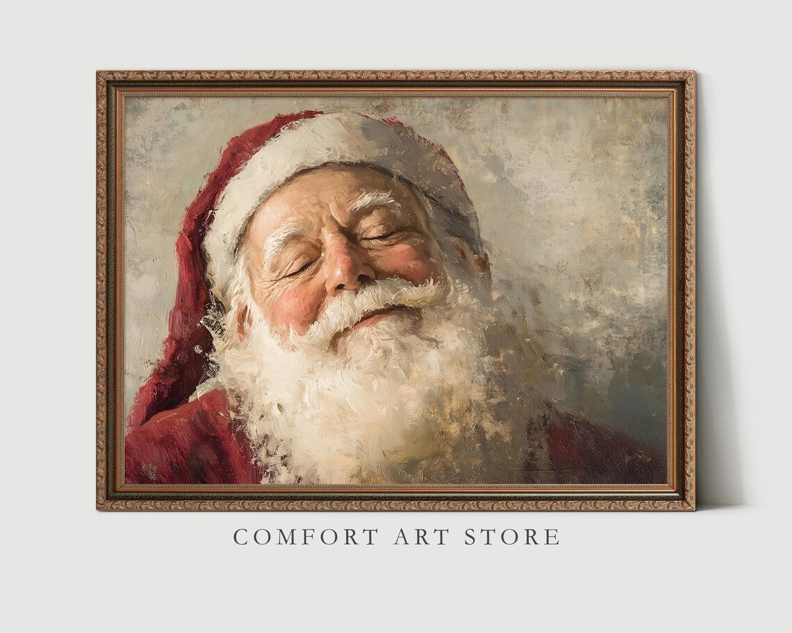 Antique Vintage Santa Claus Portrait Print Smiling Santa Claus Close Up Portrait Wall Art Christmas Scene Painting Neutral Print - Image 3