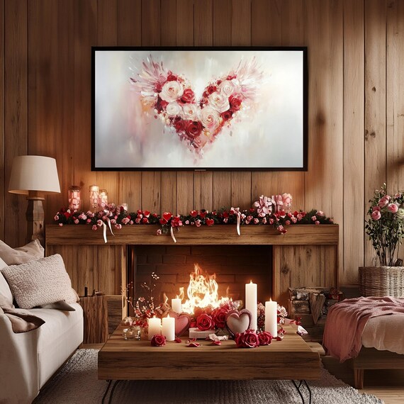 Valentines Day Frame Tv Art Frame Tv Red Pink Heart Of Roses Tv Vintage Valentines Heart Wings Painting Moody Romantic Home Dcor
