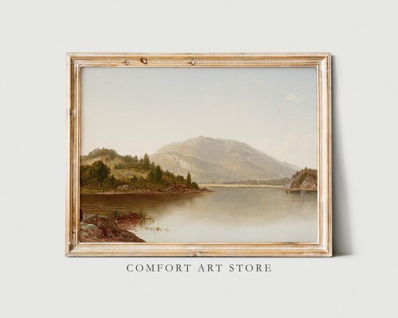 Vintage Wall Art Print Antique Oil Painting Mountain Landscape Lake Scenery Muted Tone Poster Farmhouse Decor Nature