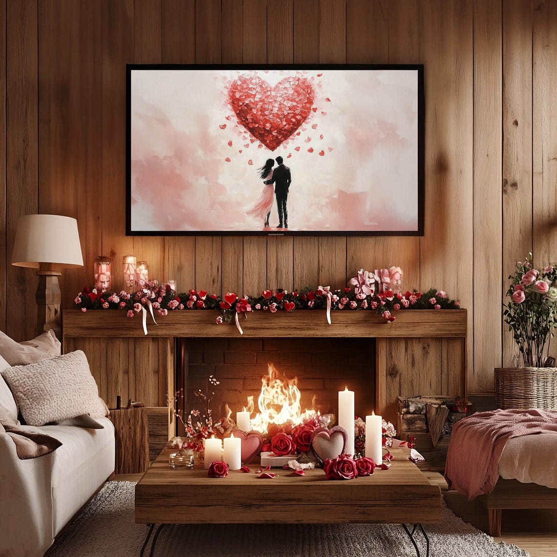 Couple Under Giant Red Petal Heart Romantic Valentines Art Poster - Image 3