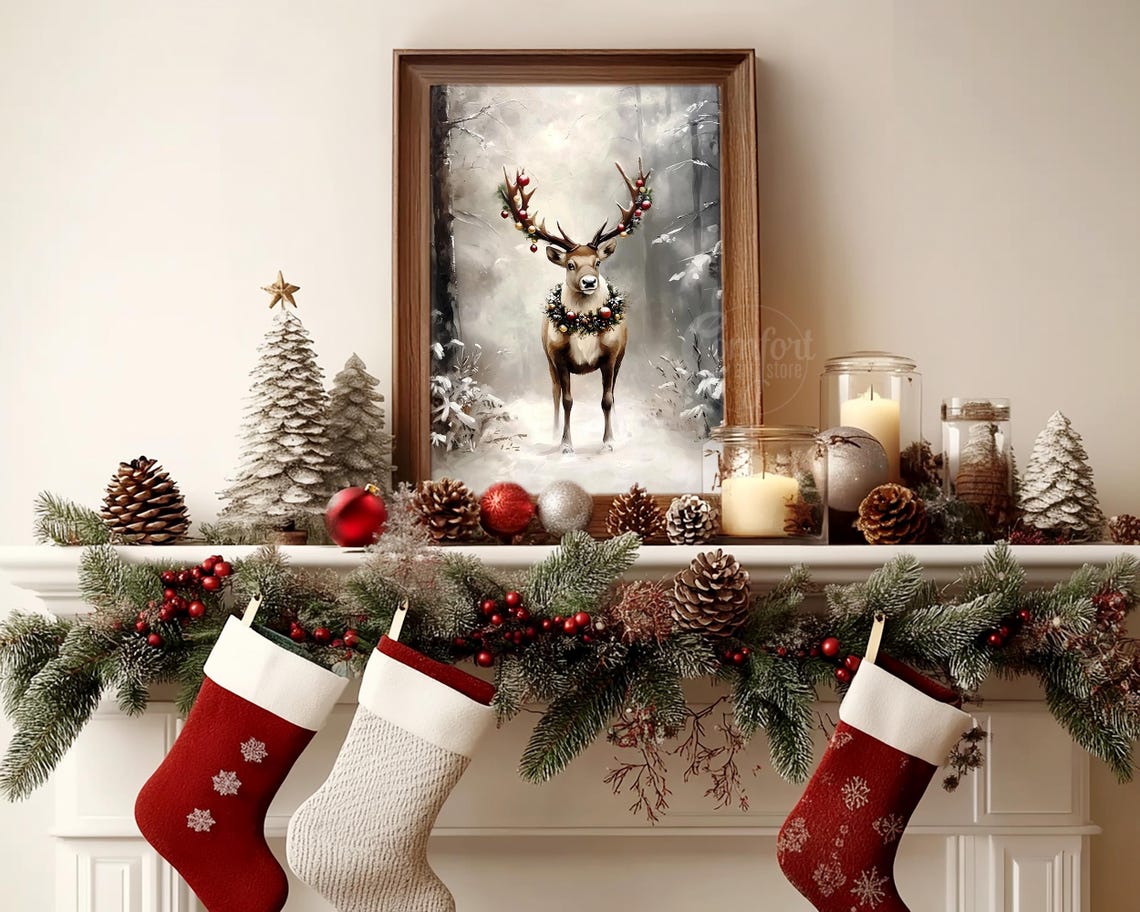 Beautiful Festive Deer with Ornaments on Antlers Misty Snow Poster - Image 4