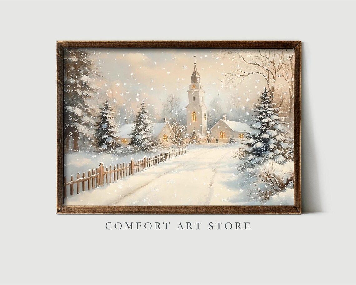 Country Church in Falling Snow Winter Landscape Painting Poster - Image 5
