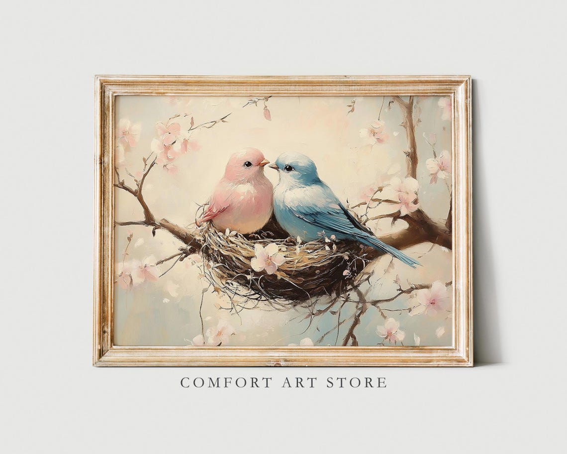Pink and Blue Lovebirds Kissing Nest Cherry Blossom Love Poster - Image 6