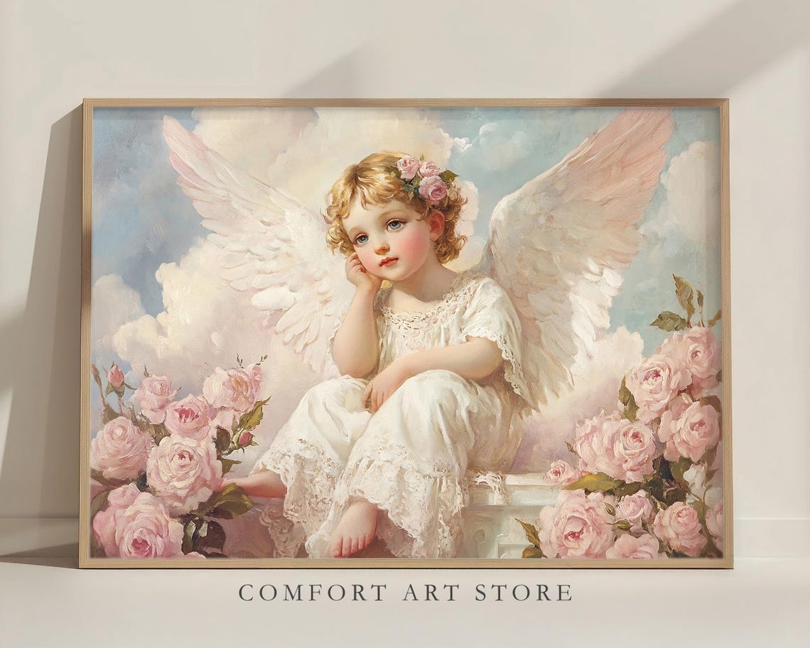 Dreamy Angel Among Roses Vintage Oil Painting Romantic Cherub Poster - Image 2