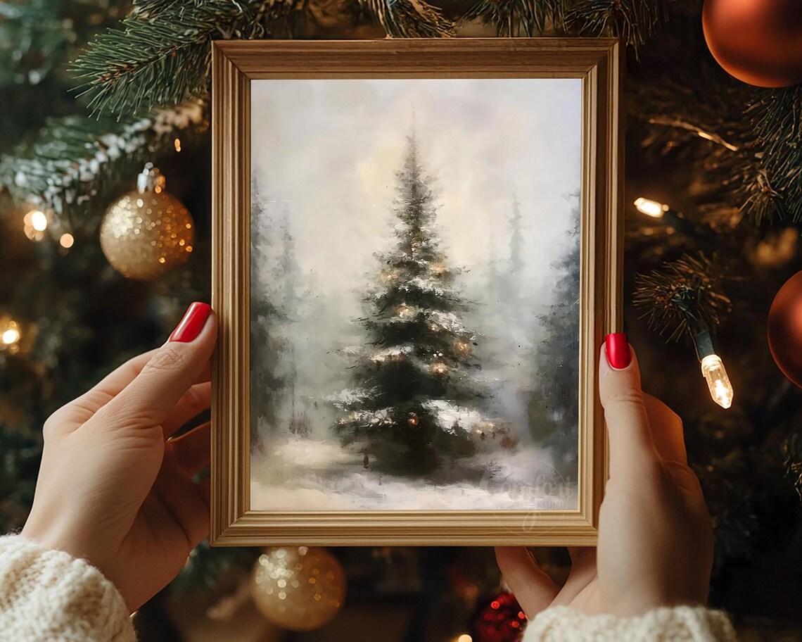 Misty Evergreen Tree Warm Lights Dreamy Snowy Forest Painting Poster - Image 3