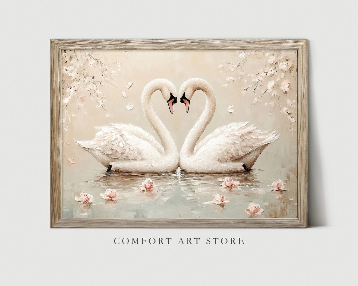 Swans Forming Heart Shape Love Valentine Oil Painting Poster