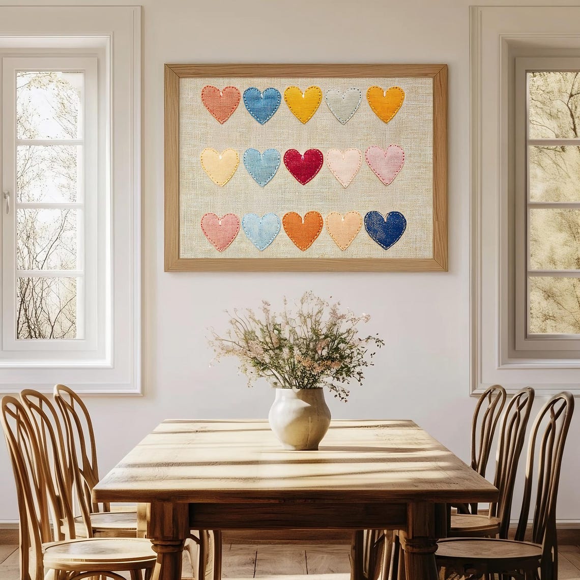 Valentines Embroidered Hearts Grid Linen Fabric Rustic Print Wall Art - Image 3