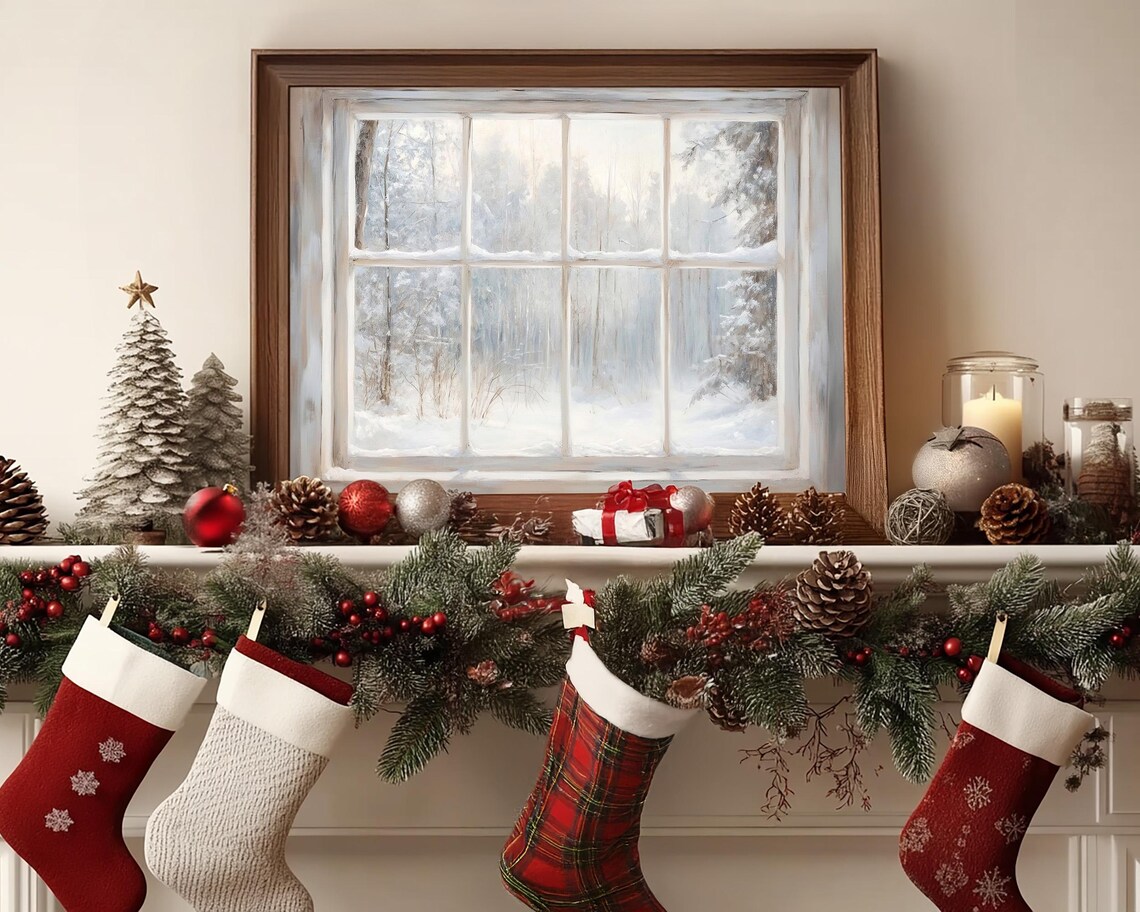 Antique Style Winter Window With Snowy Woodland View Vintage Print - Image 7