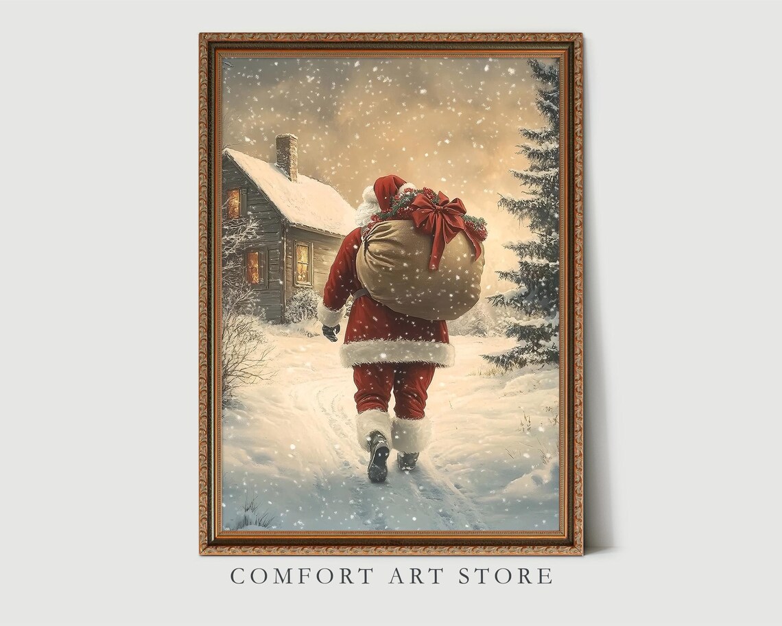 Santa Claus Print Vintage Christmas Wall Art Antique Santa Painting Winter Landscape Holiday Decor Christmas Gift Santa Wall Art - Image 3