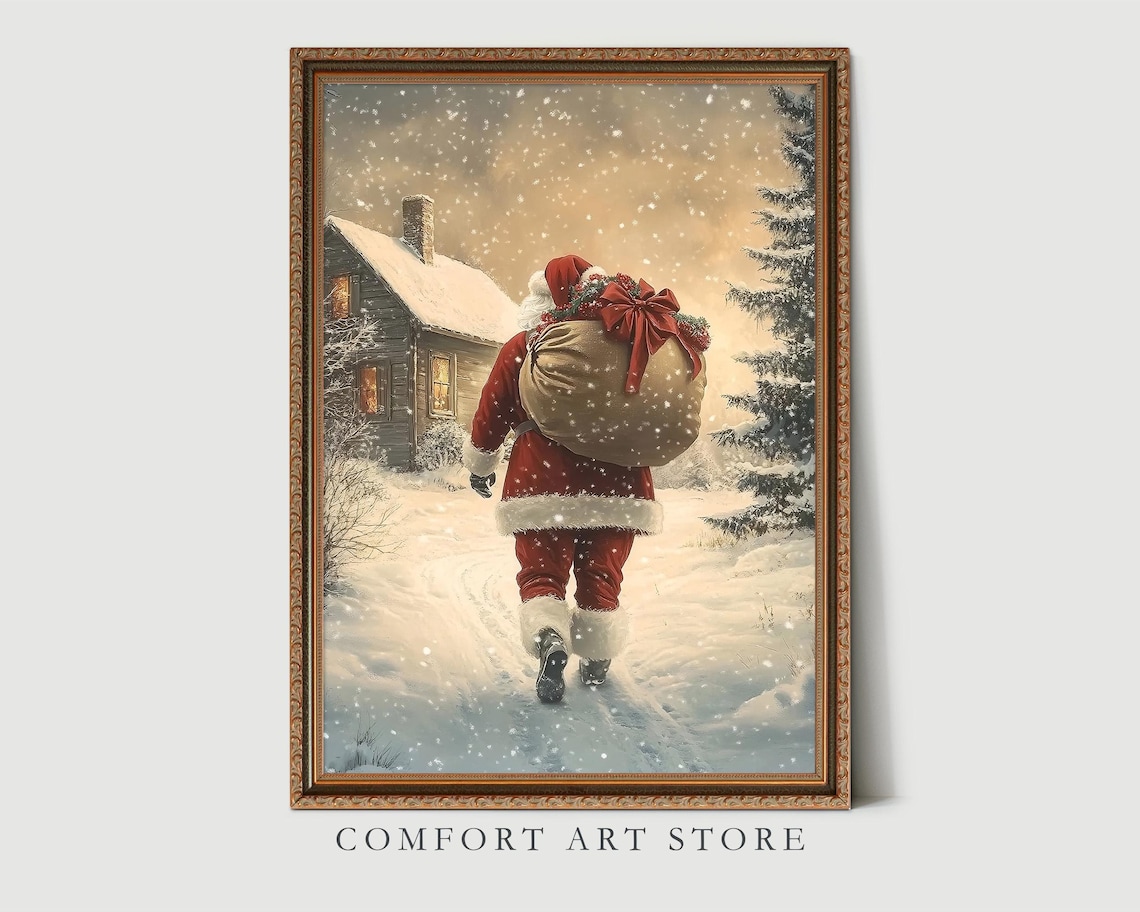 Santa Claus with Tied Gift Sack Walking to Lit House Wall Art - Image 3