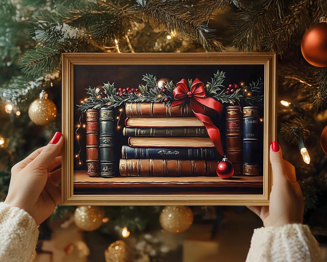 Antique Bookshelf with Christmas Holly Garland Red Bow Poster - Image 3