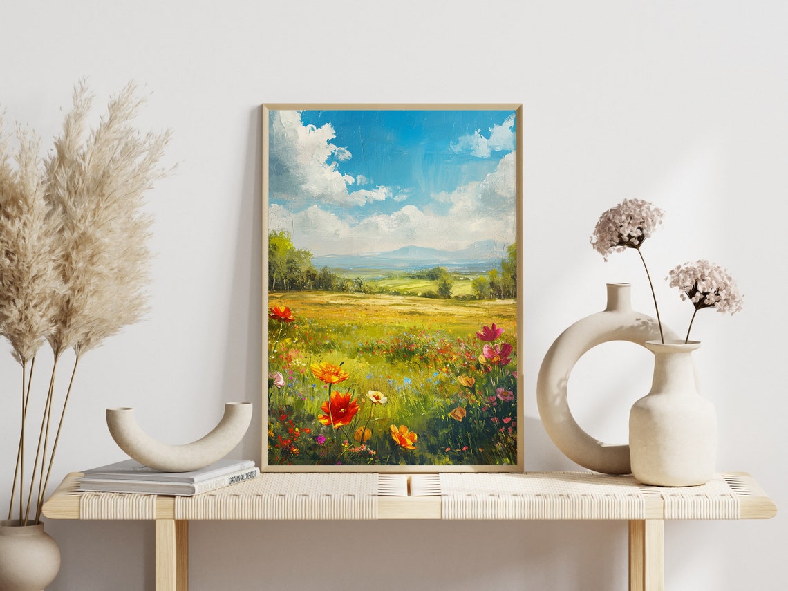 Sunny Summer Wildflower Meadow Bright Blue Sky Landscape Poster