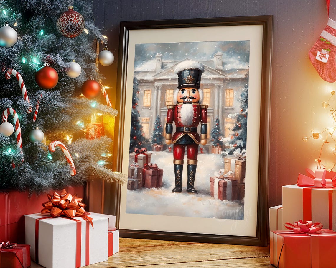 Classic Red Nutcracker Soldier in Snowy Mansion Holiday Scene Poster - Image 5