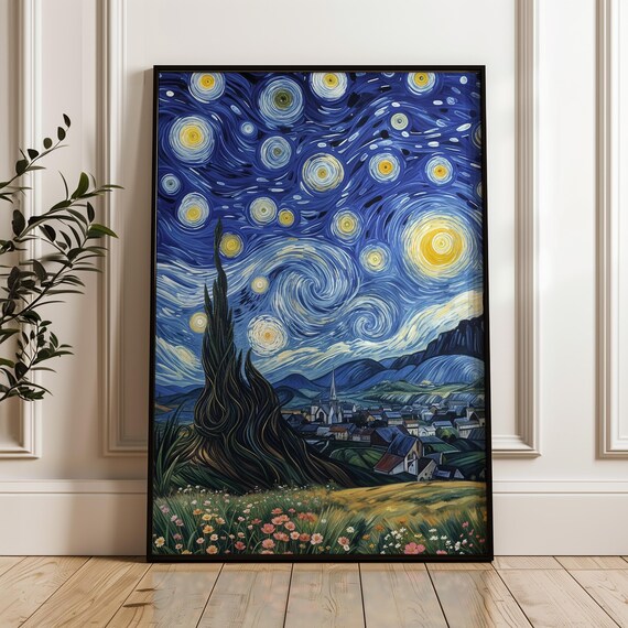Van Gogh Starry Night Poster Wall Art With Swirling Stars Impressionist Night Sky Painting For Home Decor