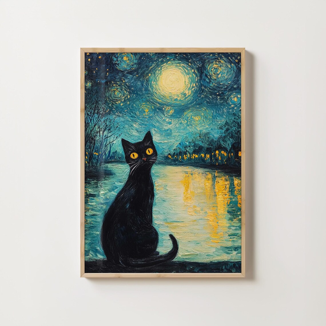Black Cat With Yellow Eyes Under the Starry Night Sky Poster - Image 2
