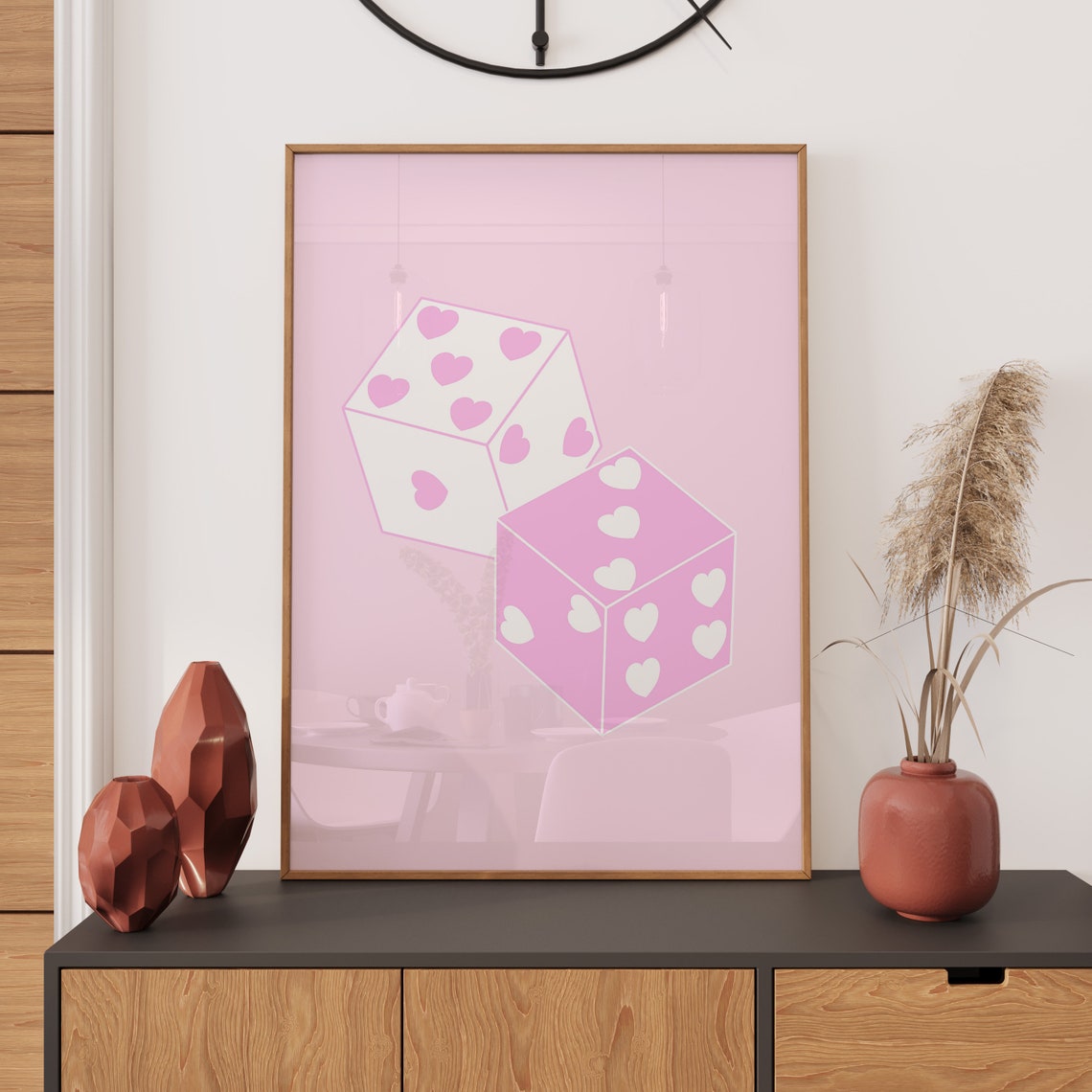 Pink Dice with Heart Pips Cute Lucky Girly Aesthetic Wall Art - Image 2