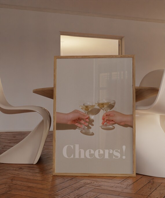 Cheers Cocktail Toast Hands Neutral Beige Minimalist Bar Cart Art Poster