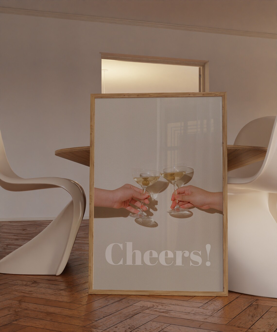 Cheers Cocktail Toast Hands Neutral Beige Minimalist Bar Cart Art Poster
