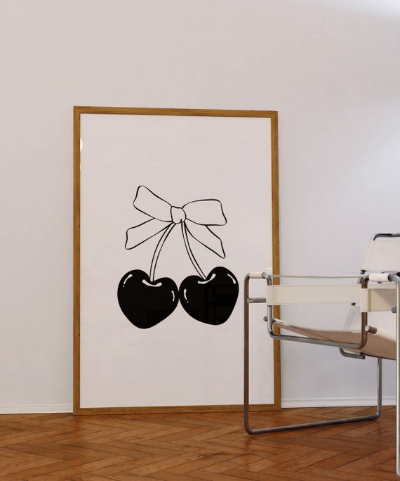 Bow Wall Art Cherry Poster Black And White Art Print Trendy Art Prints Coquette Art Print Aesthetic Poster Ribbon Print Neutral Wall Art