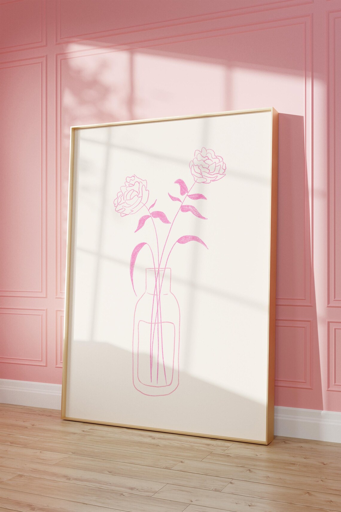 Pink Roses Line Art Vase Minimalist Peony Sketch Botanical Room Poster