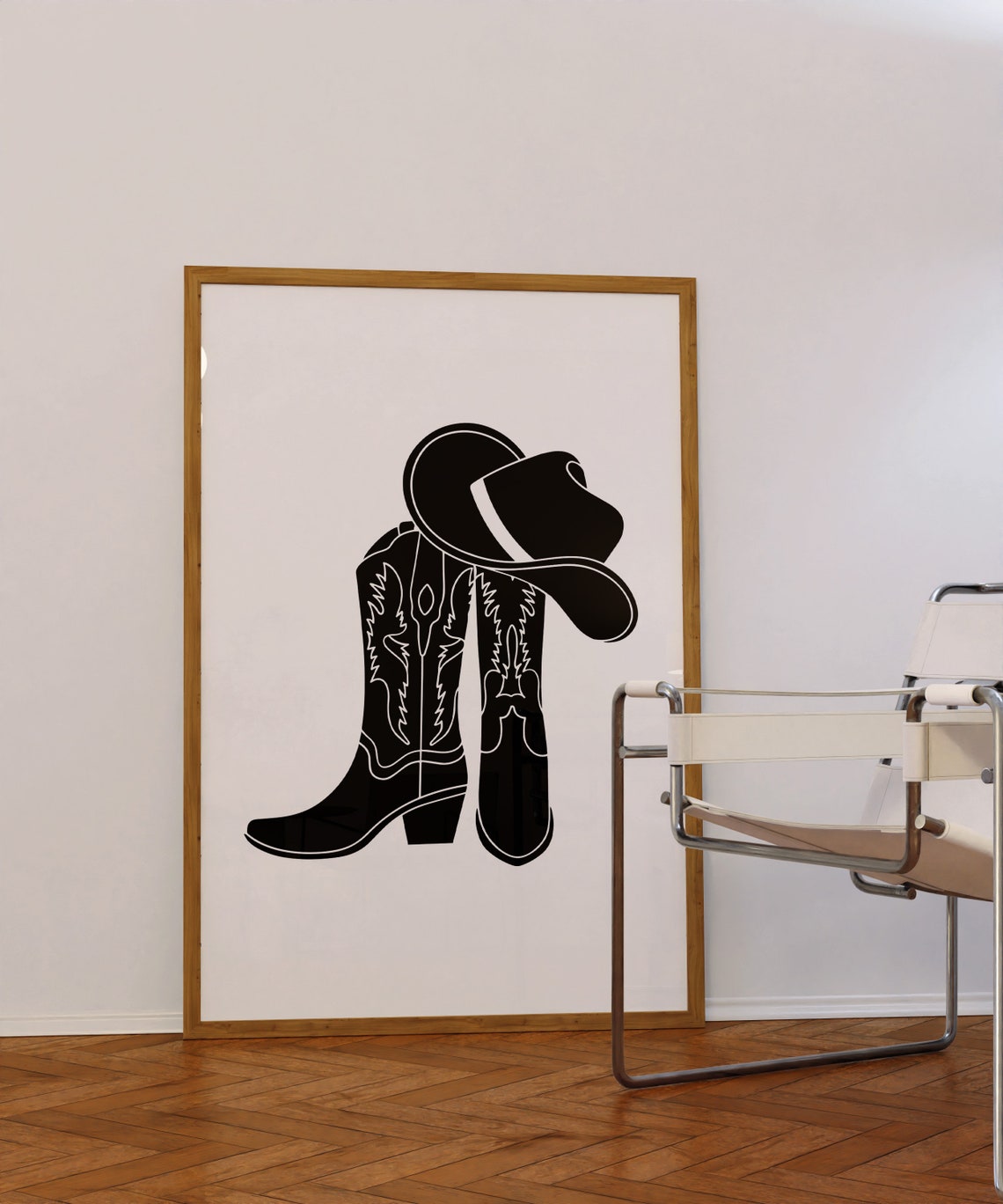 Black Cowboy Boots and Hat Silhouette on White Trendy Poster - Image 2