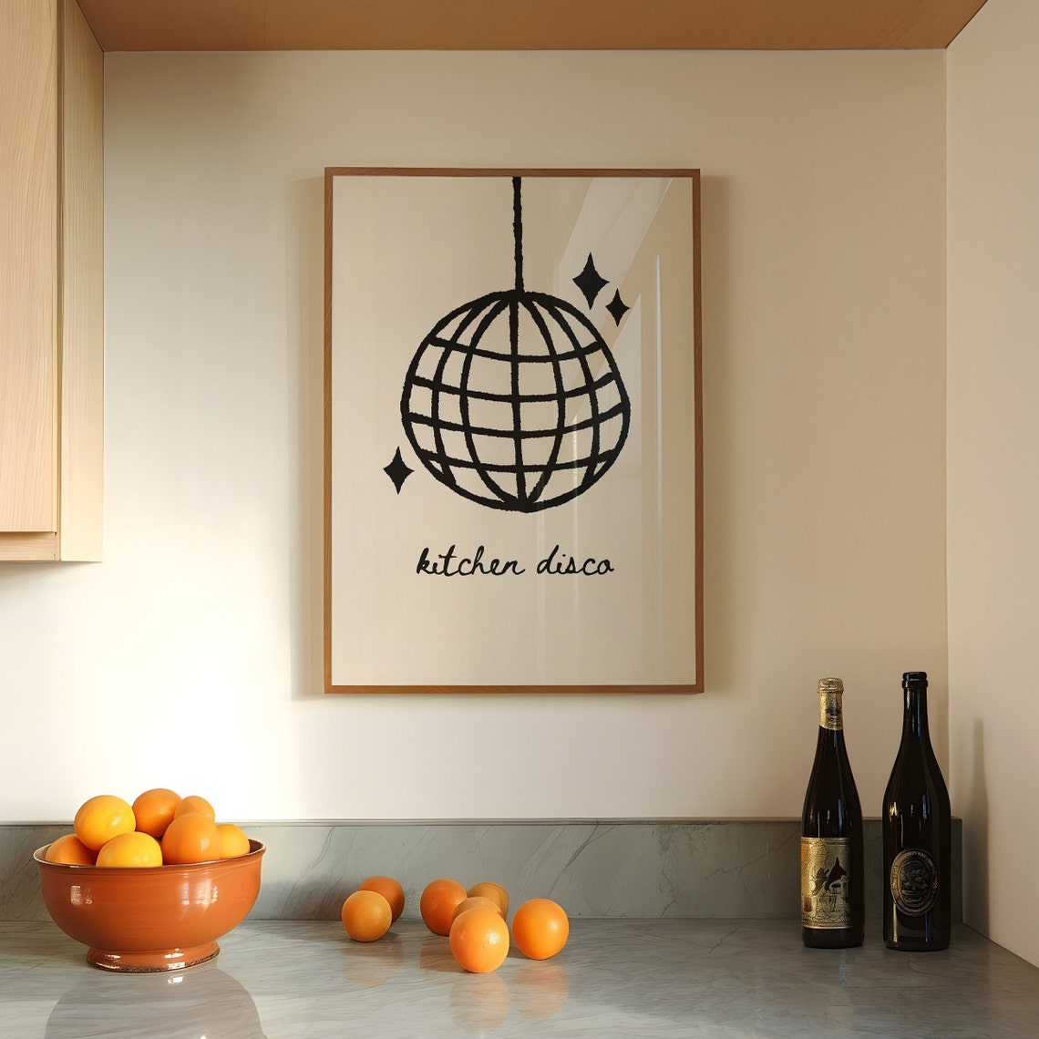 Kitchen Disco Ball Line Drawing Minimalist Black Cream Wall Art - Image 3