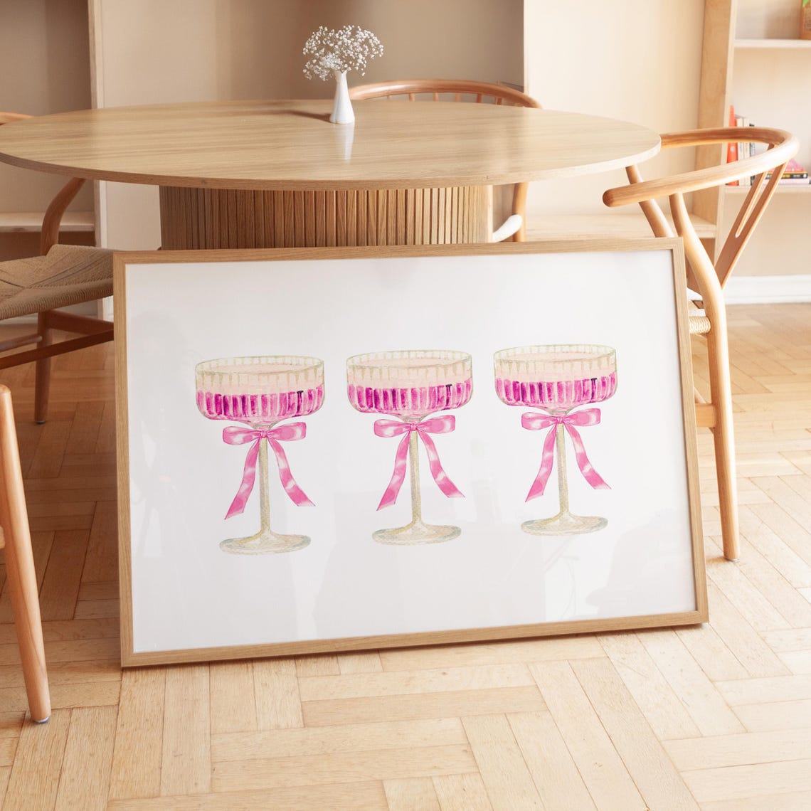 Pink Cocktail Glasses with Bows Vintage Bar Cart Girly Wall Art