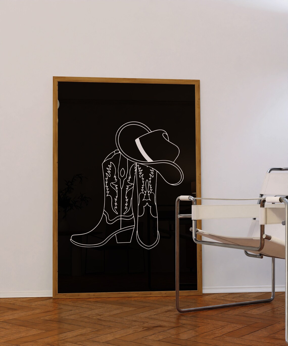 White Line Art Cowboy Boots and Hat on Black Minimalist Poster - Image 2