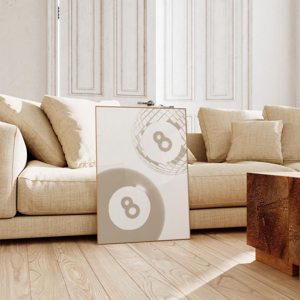 Eight Ball and Disco Ball Pair Beige Minimalist Neutral Poster