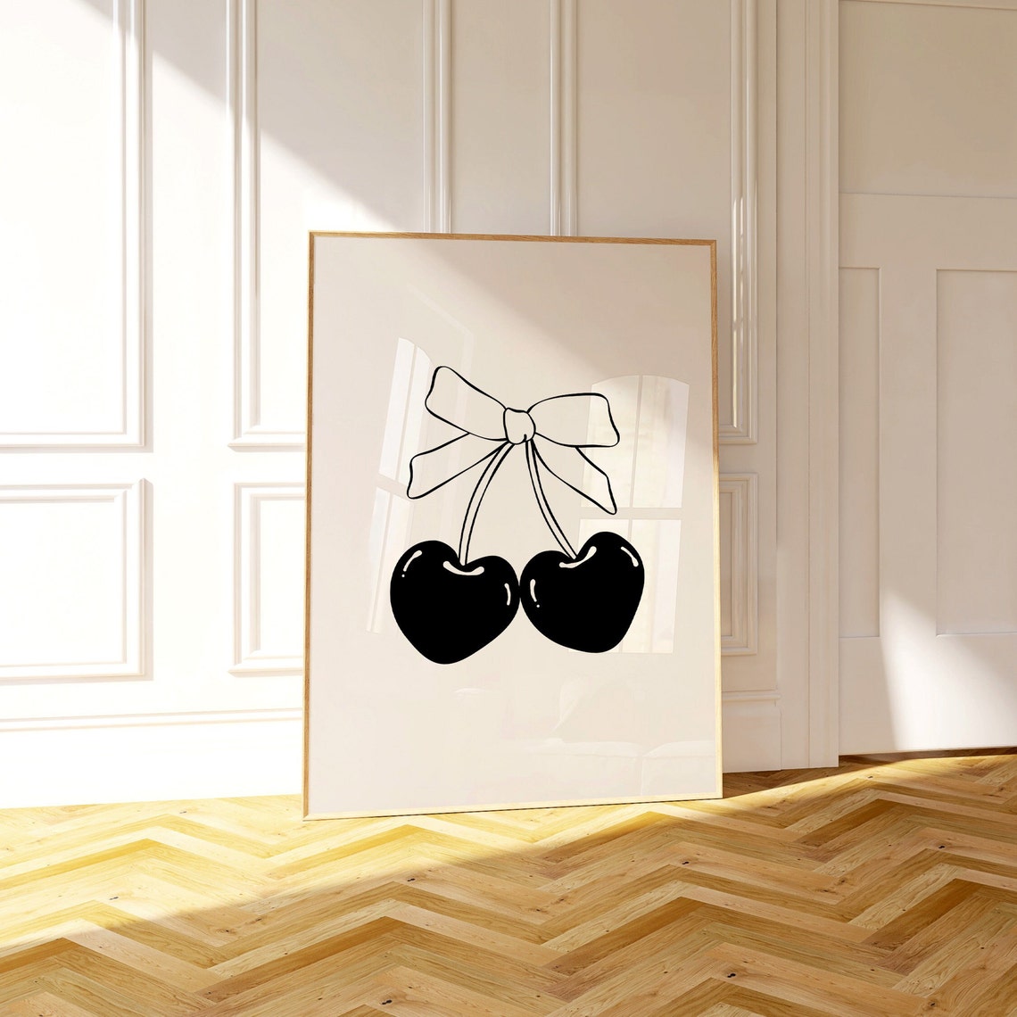 Black and White Bow Cherry Line Art Coquette Trendy Minimal Poster - Image 2