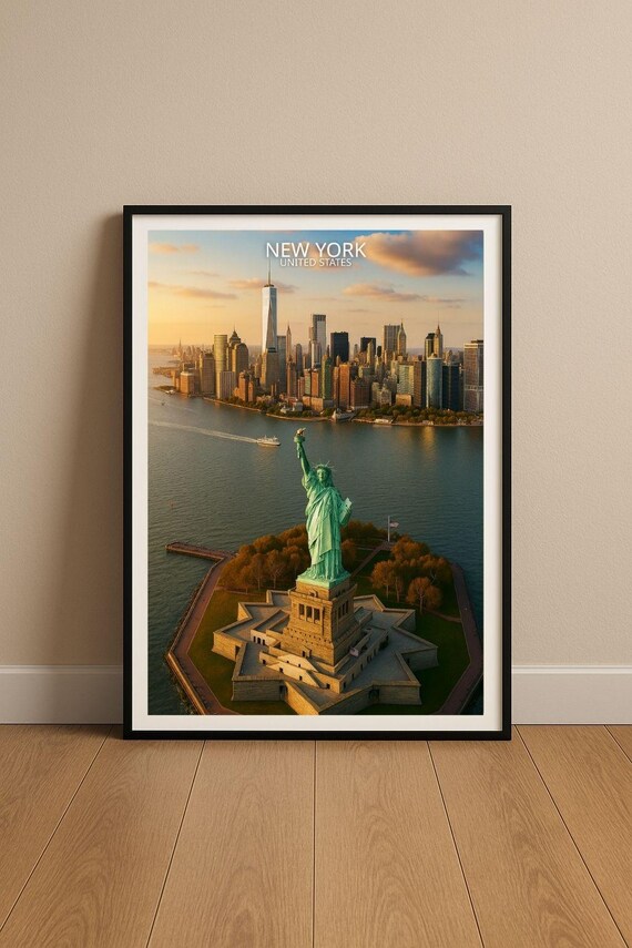 New York City Statue Of Liberty Golden Sunset Skyline Harbor Poster