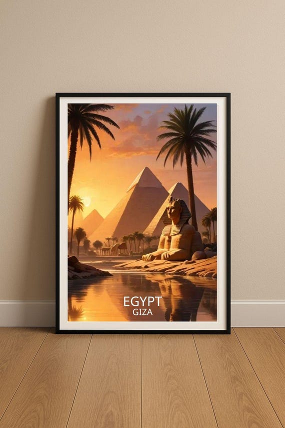 Egypt Giza Pyramids Poster Sphinx Wall Art Ancient Travel Desert Sunset Home Decor