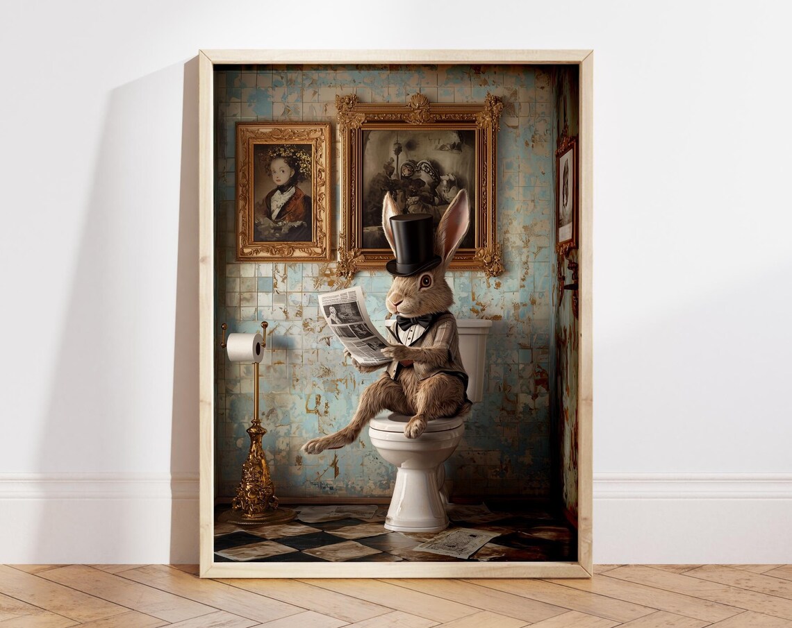 Funny Victorian Rabbit On Toilet Art Print