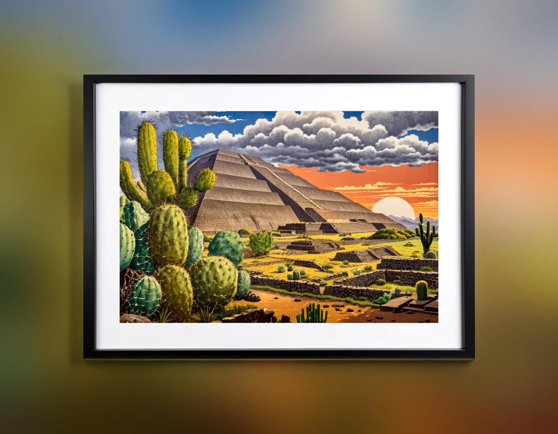 Teotihuacan Pyramid Ukiyo E Cacti Desert Sunset Mexico Poster