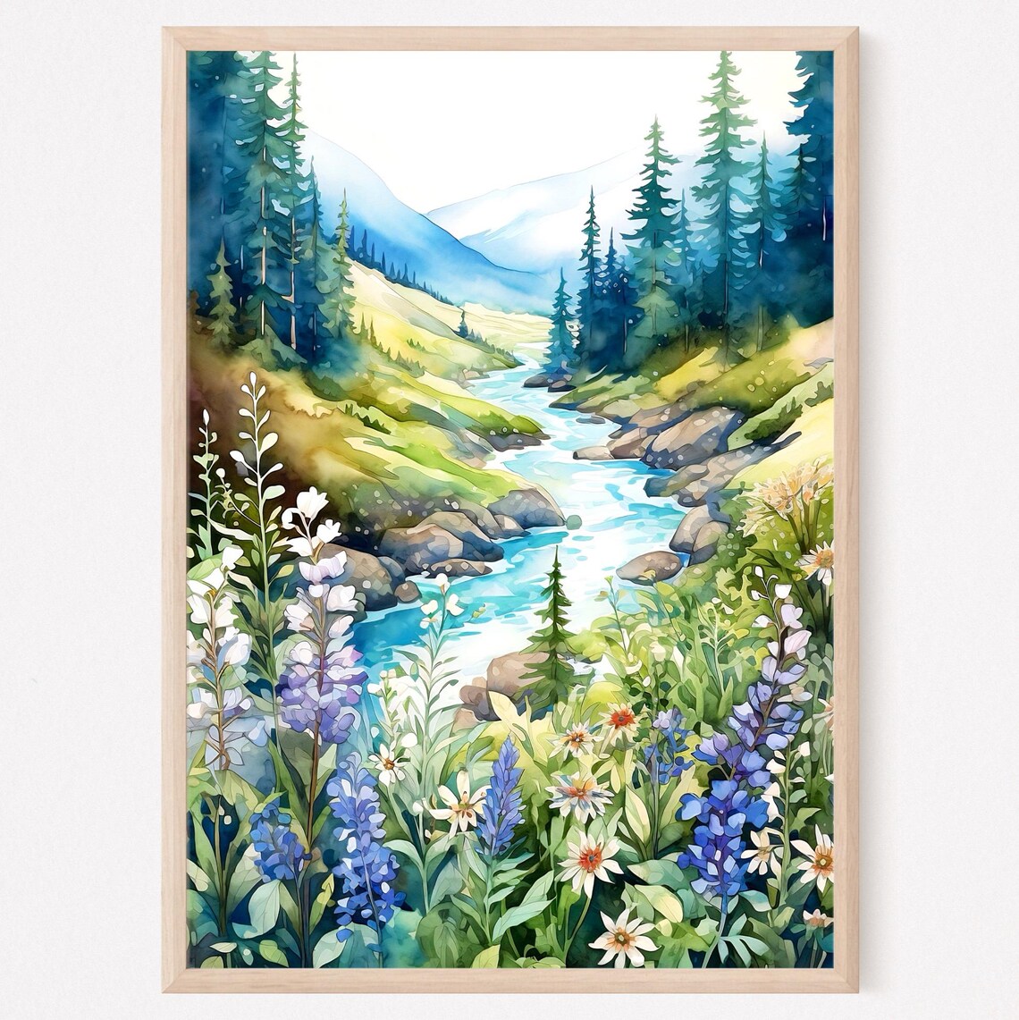 Wildflower Meadow Mountain Landscape Art Print