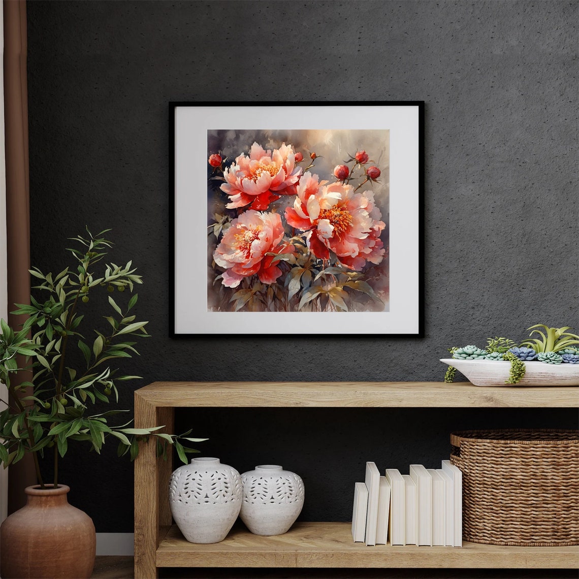 Coral Peony Blooms Close Up Blossoms Buds Watercolor Floral Poster - Image 3