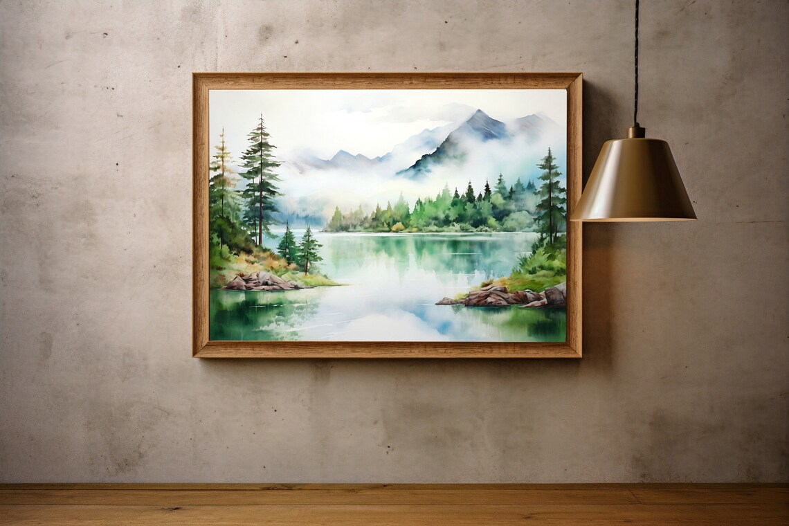 Mountain Lake Watercolor Landscape, Pine Forest Print - Image 5