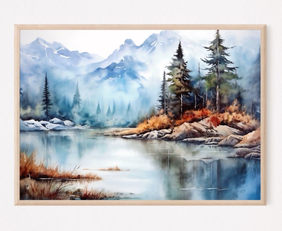 Mountain Lake Watercolor Large Art Print Pine Tree Poster Teal Forest Painting Modern Wall Decor Blue Green Forest Print Home Decor Gift Art