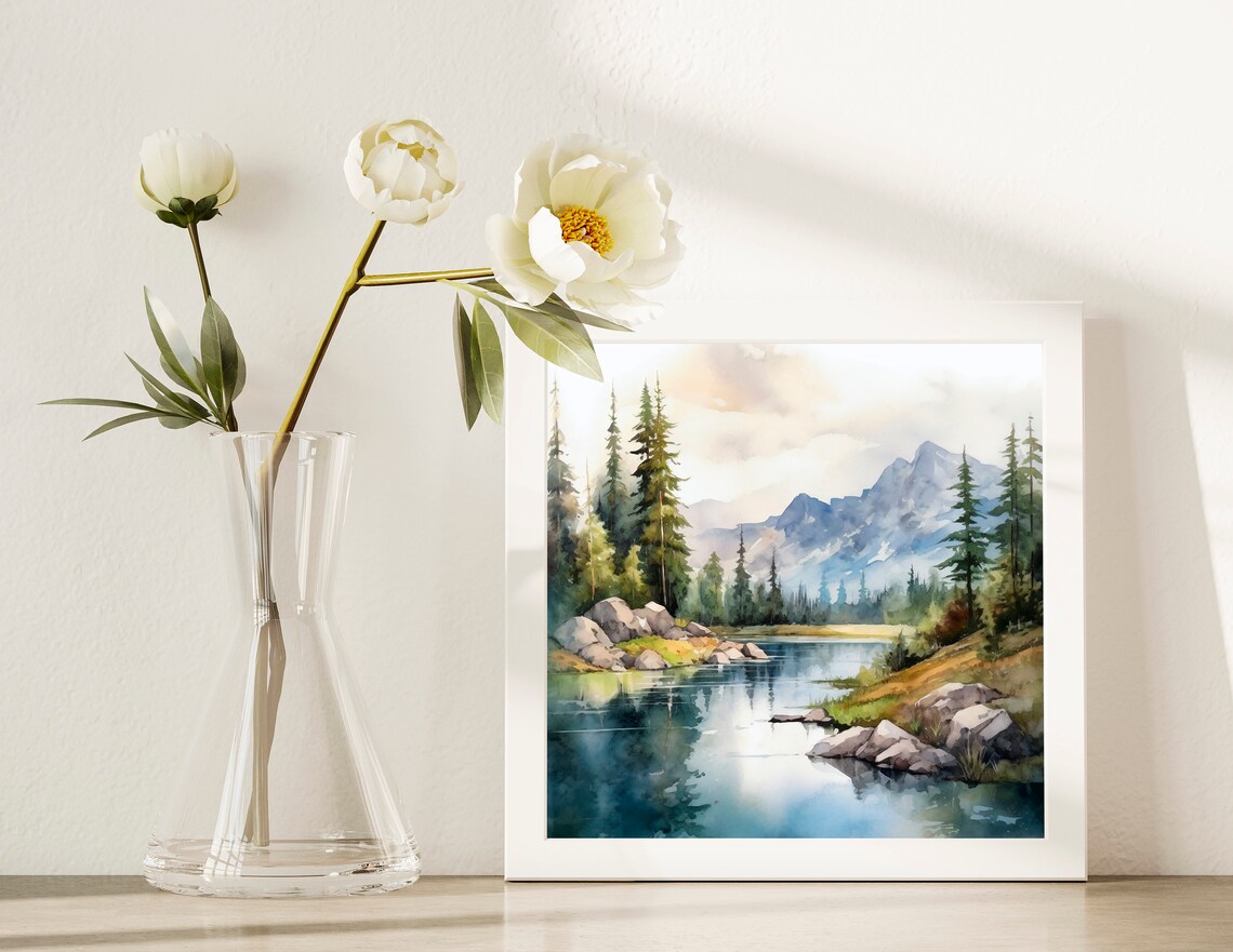 Calm Forest Lake Reflections Pine Trees Rocky Shores Watercolor Poster - Image 4