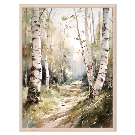 Birch Woods Art Print Watercolor Birch Tree Painting Landscape Wall Art Home Decor Gift Art