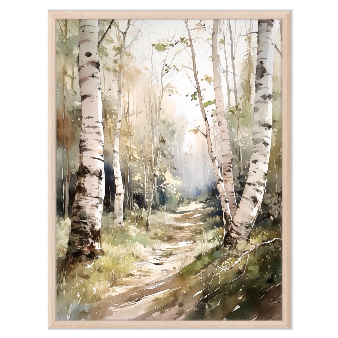 Birch Forest Path Misty Morning Light Serene Watercolor Poster