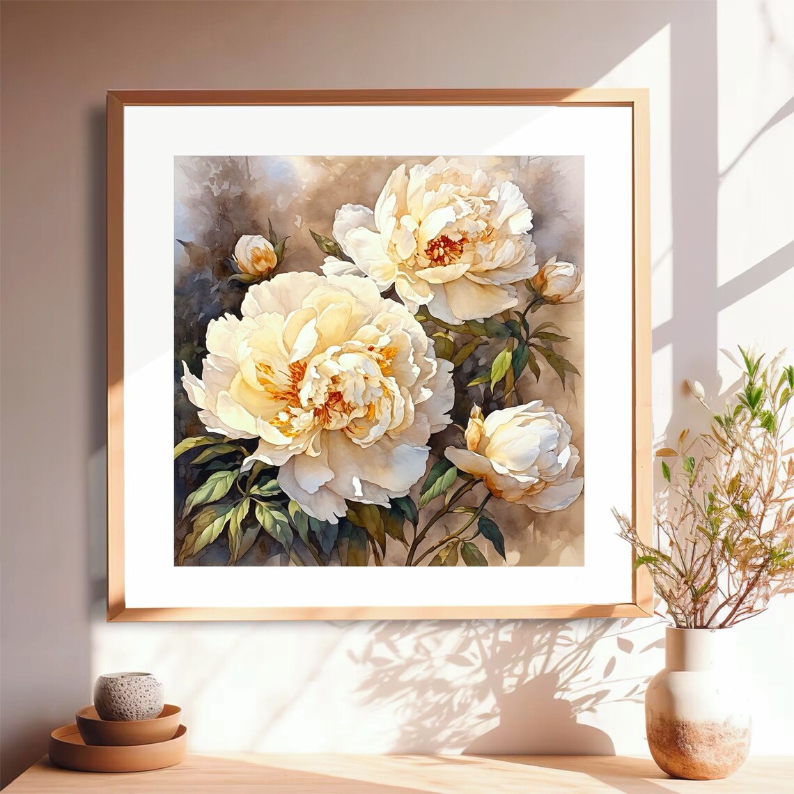 Ivory White Peonies Watercolor Elegant Floral Botanical Art Print - Image 4