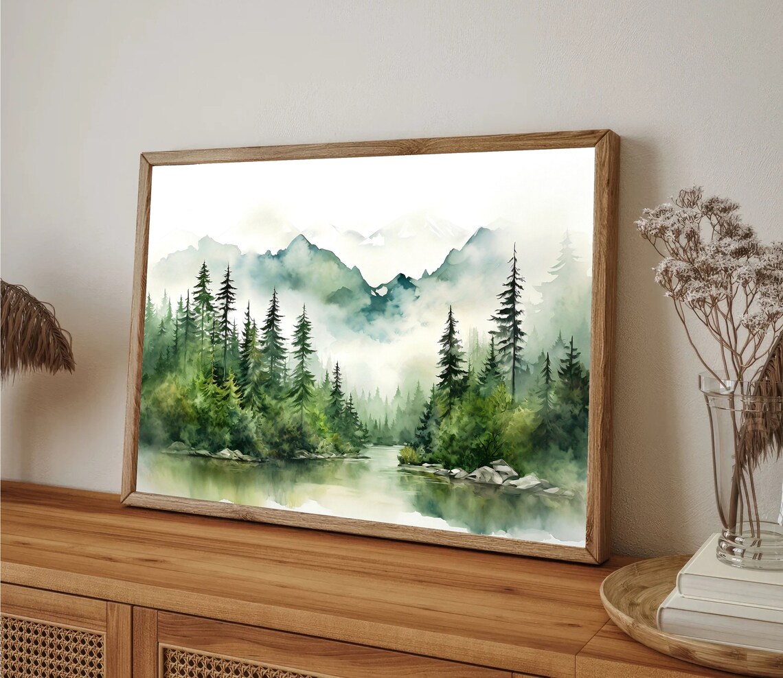 Misty Pine Lake Mountain Reflection Watercolor Art Scene Poster - Image 3
