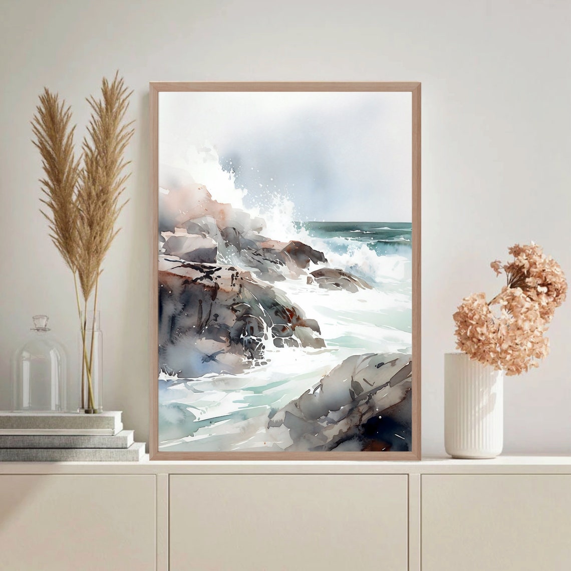Ocean Waves Crashing Dark Rocks Spray Watercolor Seascape Poster - Image 3