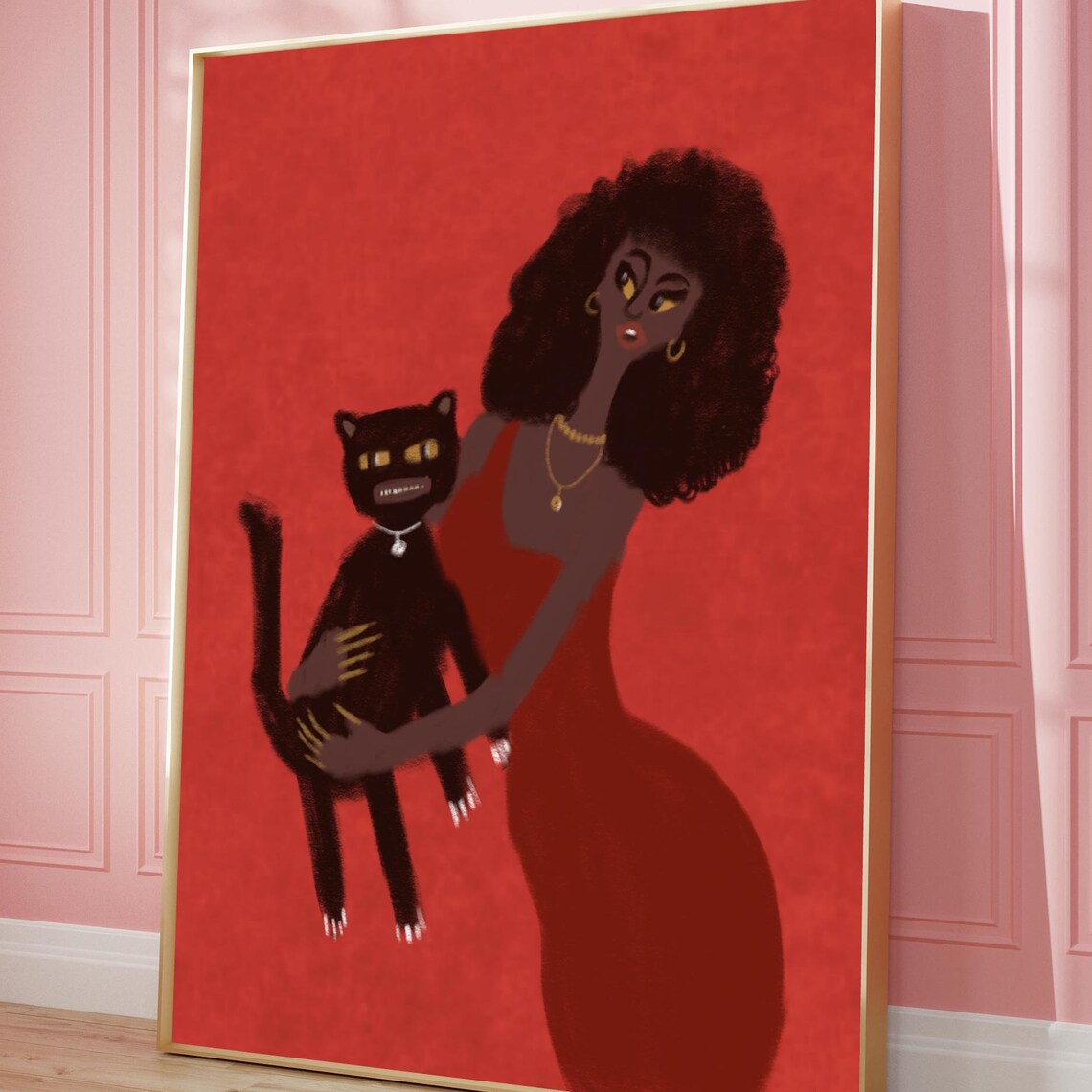 Black Woman In Red Dress Holding Cat Bold Fashion Art Poster