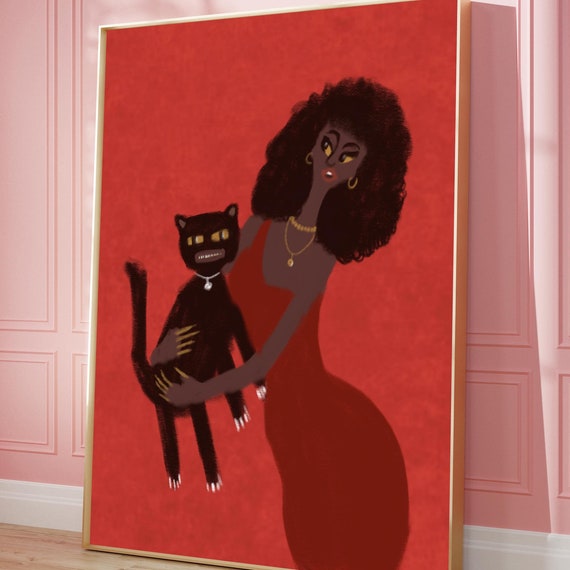 Black Woman Art Print Fashion Girl With Cat Digital Download