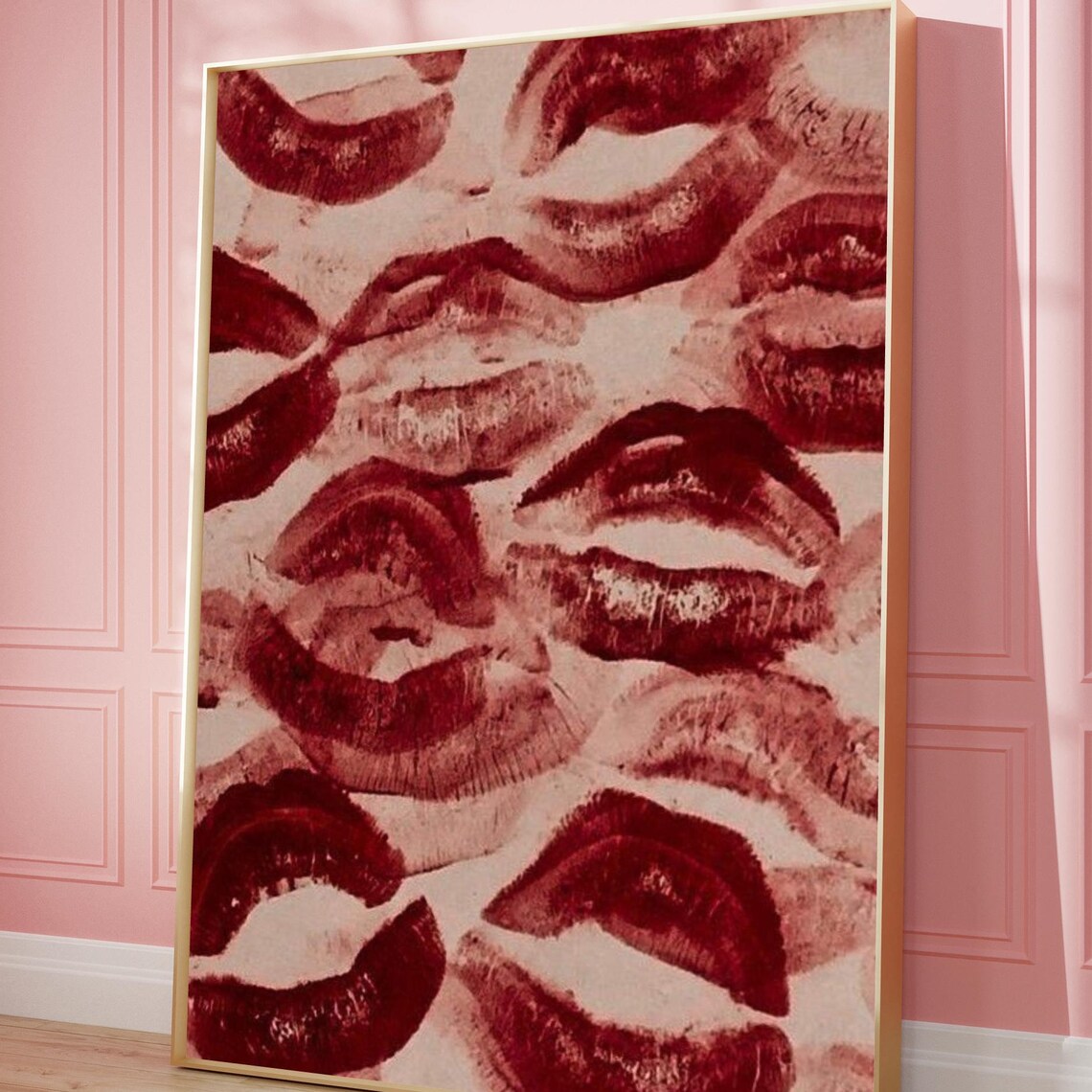 Red Lipstick Kiss Marks Collage Romantic Glam Bedroom Poster